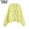 Traf Women Fashion Bejeweled Buttons Croped Sticked Cardigan tröja Vintage Puff Sleeve Kvinnlig ytterkläder Chic Topps 210204