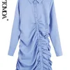 Mulheres moda drapeada Mini camisa vestido vintage de manga comprida Botões dianteiros vestidos femininos vestidos mujer 220526