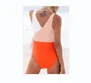 Orange And White Colorblock One-piece Swimsuit Swim wear Women Patchwork Belt Bow Monokini V-neck Beach Bathing Suit Female Swimwear