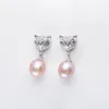 8-9-10mm Crystal Fox Ear Studs Dingle Chandelier Natural Freshwater Pearl Earrings White Purple Pink Lady/Girl Fashion Jewelry