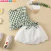 Moda Born Toddler Baby Girls Ubrania Zestawy Ruffless Plaid Rękawów Romper Topy Bow Spódnice Koronki 2 sztuk Zestaw Outfit 220425