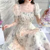 夏のヴィンテージフローラルシフォンドレススクエアカラーパフスリーブAラインドレス韓国のエレガントなファッションドレス女性220513