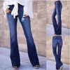 Femmes Vintage taille haute évasée cloche bas jeans tendance pantalon en denim bleu foncé taille haute slim fit stretch pantalon en denim évasé 201109