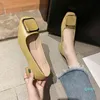 Scarpe scoop stile primavera ed estate testa quadrata fibbia quadrata tacco spesso scarpe singole tacco alto tacco medio scarpe piatte verdi