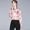 Women's Blouses & Shirts Bow Tie Blusas Mujer De Moda Satin Chemise Femme Floral Print Camisas Petal Cuff Sleeves Y Women Top