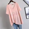 Summer Womens Tshirt Korean Loose Oversized Tshirt Large Size Diamond Vneck Covering Belly Short Sleeve Tshirt Women 220613