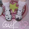 Отсуть обувь Kawaii Cow Print Girls Mary Janes 2022 Patchwork Pu Bow Lolita Spring Black White Lace Zapatillas Mujer 220516