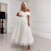 Off The Shoulder Sparkly Short Wedding Dress 2022 Simple Gliter Tulle Tea Length Sequin Bridal Gown A-Line Beach Vestido De Noiva