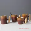 Muggar super vintage japansk keramisk kaffekopp rost färgad glasyr antik trähandtag muggkontor avslappnad eftermiddag tecupmugs
