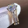 Cluster Ringen 18K AU750 Geel Gouden Ring Bruiloft Engagement 1 2 3 4 5 Ronde Moissanite Diamond Bridal Sets Crown Trendy