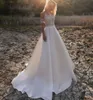 New Boho A Line Wedding Dress 2022 Halter Lace Satin Illusion Back Bridal Gowns Robe Mariage Vestidos De Noi