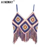 Vintage Chic Fashion Women Hollow Out Floral Embroidery Sleeveless Bohemian Knitted Cotton Tops Beach Tassel Boho Camis 220325