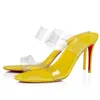 여성 파리 디자이너 샌들을위한 럭셔리 브랜드 샌들 85mm PVC 스트랩 슬리퍼 슬라이프 발 뒤꿈치 상자