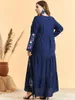 Vestidos de talla grande, vestido musulmán para mujer, caftán bordado con cuello en V, Abaya marroquí, manga acampanada islámica, azul oscuro, 4XL, otoño 2022