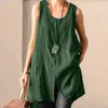 Women Streetwear Casual O Neck Sleeveless Slitting Hem Cotton Linen Tank Top Leisure Vest Blouse L220705