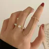 Boho Minimalist Golden Round Wide Chain Ring Women's Retro Fashion Imitation Pearl Joint Thin Rings Girl Party Jewelry Gift