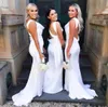 2022 Elegant African White Mermaid Long Bridesmaid Dresses Spaghetti Straps Sexy Open Back Maid Of Honor Gowns Wedding Guest Party Sweep Train