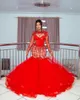 2022 بالإضافة إلى الحجم العربي Aso ebi Red Mermaid فساتين الحفلة الراقصة الفاخرة من البلورات الملبدة بالخرز في المساء الرسمي الحزب الثاني استقبال عيد ميلاد فستان Zj186