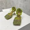 2022 New Summer Sexy Mesh Square Crystal Thin High Heels Sandals Ankle Strap Party Shoes bling bling Women Runway Ladies Sandal