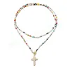 Boho multicolor zaad kralen ketting vrouwen mode cross shell gelaagde ketting ketting hangende sieraden charmes cadeau