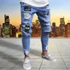 Herren Jeans Mann Hosen Männer Stretchy Ripped Skinny Biker Stickerei Druck Zerstört Loch Slim Fit Männlich Denim Zerkratzt Hohe Qualität Jean