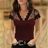 Plus la taille 5XL Casual Vneck Dentelle T-shirt à manches courtes pour les femmes Printemps Vêtements d'hiver Y2K Sexy Solid Tee Shirt Office Lady Top 220526