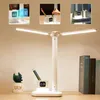 Tafellampen bureaulamp oogcaring 2 koppen kantoorlicht met penhouder klok 360 ° groothoekverlichting 3 kleuren bescheiden