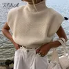 FSDA Turtleneck ärmlös väst Tröja Dam med axelvaddar Stickad tröja Höst Vinter Jumper Casual Toppar Mode 220629