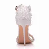 Sandales Cristal Femmes Cheville Sandales Talons Hauts Chaussures De Mariage Élégant Blanc Dentelle Fleurs Perles Et Glands 220419