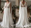 Robes de mariée de plage Boho élégantes avec train de balayage Wraps à manches longues Sheer V Neck Robes de mariée en dentelle élégante Une ligne en mousseline de soie Backless Simple Robes de Mariee CL0474