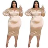 Plus Size Dresses Dress Satin Elastic Plunging Neck Sexy Nightclub Party Bodycon Robe Evening Dinner Midi Vestiods 2022 Curve Big SummerPlus