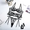 Yimunancy 3-Piece Lace Bra Set Floral Embroidery Black Bra Underwire + Thong Underwear Set Sexy Lingerie Set 220513