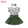 hibobi Baby Girls Bodysuit Infant Girls Clothes Set 3Pcs Floral Print Romper & Bowknot Decor Skirt & Headband 220425