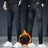 Luxury Light European Winter Plush and Thickened Jeans Men's Slim Fitting Feet Embroidered Elastic Casual Warm Pants