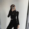 Hollow Knitted Crop Tops Women Fitness Fake Two-piece T-shirt Female Black White Long Sleeve Tops 220408