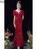 2022 Sexy mermaid Evening Dress Black Red Sequined Vestidos Largos Lace Sleeve Off Shoulder Woman Prom Party Night Dress Sweep Train