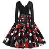 Kerstjurk Dames Winter Lange Mouw V-hals Elegante Vintage Santa Claus Print Xmas Party Outfits Black Big Swing Plus Size 220418