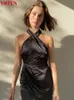 OOTN Elegant Satin Black Halter Dresses Women Sexy Bodycon Party Mini Dress Female Solid Sleeveless High Waist Dress Summer 220511