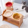 Ceramic Elevated Raised Cat Bowl with Wood Stand No Spill Pet Food Water Feeder Cats Small Dogs Selling Supplies Y200917