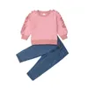 Citgeett Toddler Kids Baby Girl Ruffle Pink Sweatsuit Swizes Tops Jeans Jeans Roupa de Primavera de Jeans 1-6Y J220711