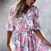 Nieuwe stijlvolle jurk Floral Print Belt Slim Summer Turn Down Collar Onregelmatige Hem Midi Jurk voor date Beach Streetwear L220705