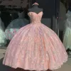 Платья Quinceanera, розовые блестки, кружевные аппликации, бретельки с открытыми плечами, тюль, на заказ, милое бальное платье больших размеров для выпускного вечера