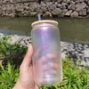 Snabb leverans 16oz iriserande glas tumlar med bambu lock sublimering laserfärger klara holografiska glasögon cola öl kan dryck DIY värmeöverföringskoppar dd