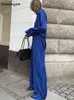 Sumuyoo Office Ladies Satin Blue Pantsuits Long Shirt and Pants 2 Piece Sets Women Outfits Casual Wide Legs Pants Suit 2022 T220729