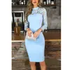 Party Dresses Elegant Light Blue Knee Length Cocktail Prom Dress High Neck Lace Sheath Long Illusion Sleeves Homecoming PartyParty