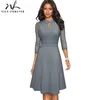 Nice-forever Herbst einfarbig mit ausgehöhltem Spitzen-Patchwork-Retro-Kleid, Business-Party, ausgestelltes Swing-Damenkleid