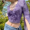 Vintage Women Sexy See Through 2000s Mesh Cardigan T Shirt Ladies Girls Flare Long Sleeve Button Down Lace E Girl Crop Tops 220714