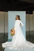 Satynowe skromne suknie ślubne z 3/4 rękawami 2022 Nowy gorset Powrót Stretch Top Lds Temple Beach Boho Suknie ślubne Rękawiczki z kieszeniami