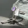 Fedi nuziali Anello a catena con nappa di cristallo quadrato viola della Corea per le donne Zircone aperto Accessori femminili di alto livello 2022 Matrimonio