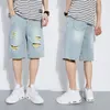 Herr jeans mode mäns koreanska bredben hål denim shorts knä längd retro casual streetwear sommar lös hip-hop byxor mens
